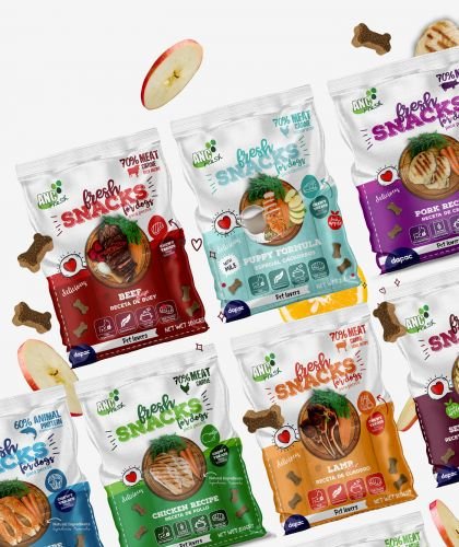 Designing the new line of packaging for Fresh Dog snacks